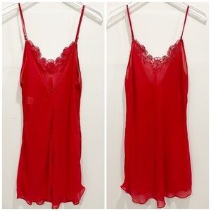 Vintage Dentelle Red Sheer Chemise Slip Night Dress Gown Embroidered Lace Beaded